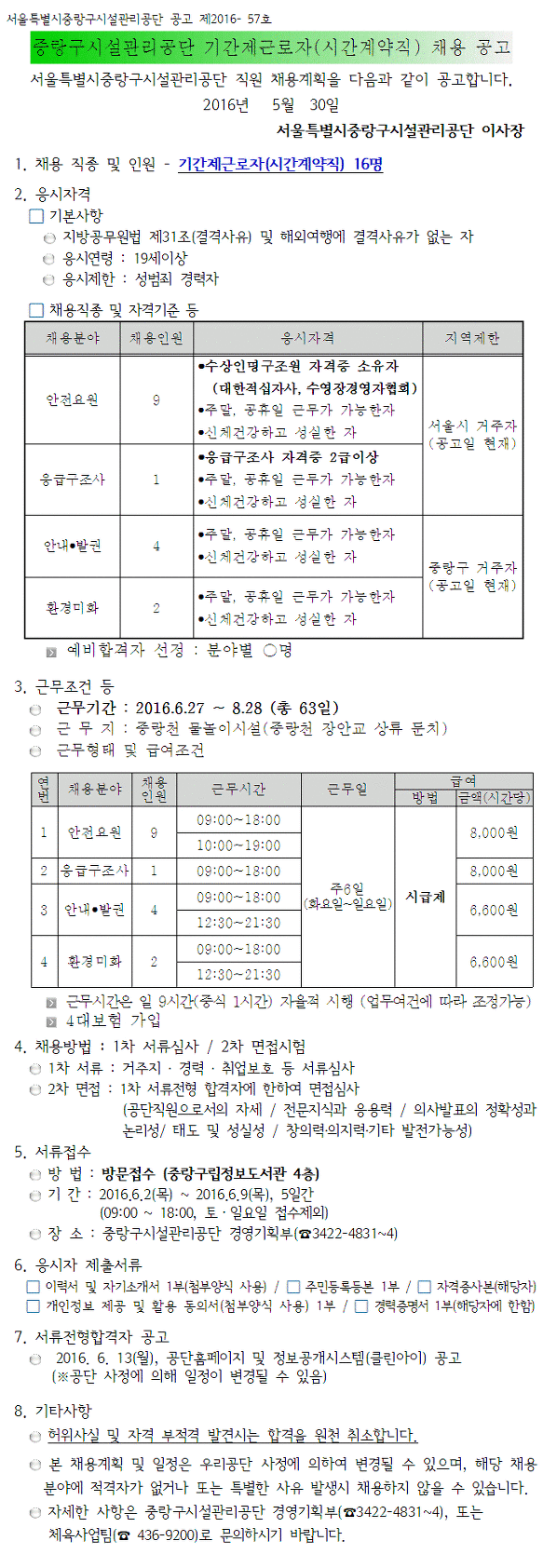 중랑천물놀이장 시간계약직 모집(월200백만원)