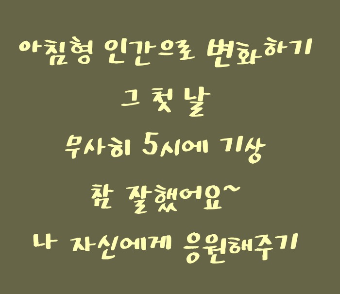아침형 인간으로 변화하기 위한 첫날 성공적으로 5시에 기상했다. 다무지게 맘 먹고 실천한다.